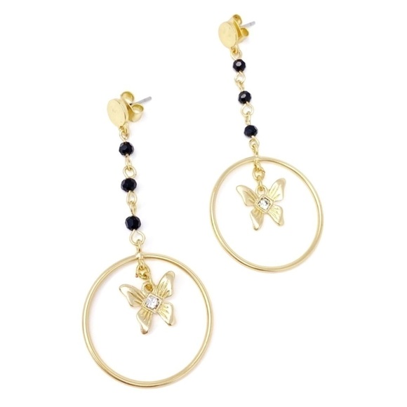Lucky Brand Butterfly Earrings Dangle Hoops Gold with Black Beads New in Box NWT - Picture 1 of 8